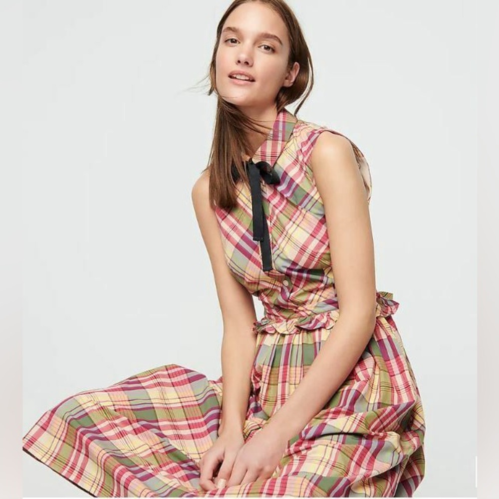 J. Crew Women's 8 Pink & Green Plaid Ruffle Waist Pockets Midi Dress - Picture 2 of 13